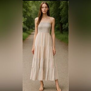 RC Apparel Striped Tiered Halter Maxi Dress | Boho Summer Dress | Size L